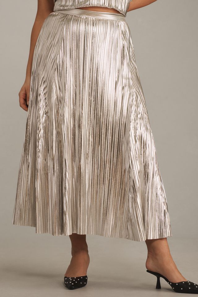By Anthropologie Metallic Pleated Midi Skirt #10