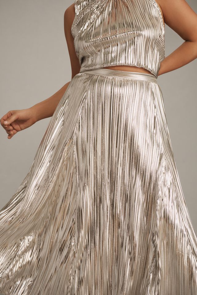 By Anthropologie Metallic Pleated Midi Skirt #12