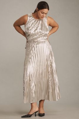 By Anthropologie Metallic Pleated Midi Skirt