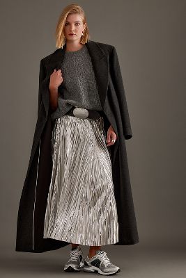 Shop By Anthropologie Metallic Pleated Midi Skirt In Silver