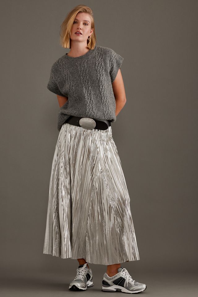 By Anthropologie Metallic Pleated Midi Skirt #7