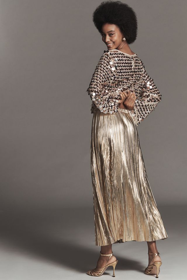 By Anthropologie Metallic Pleated Midi Skirt #2