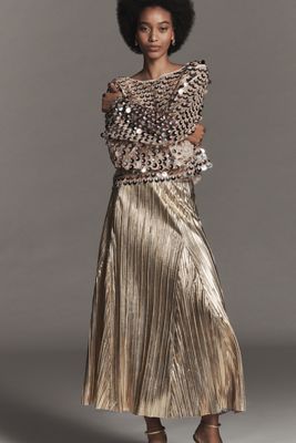 By Anthropologie Metallic Pleated Midi Skirt