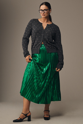 By Anthropologie Metallic Pleated Midi Skirt In Green
