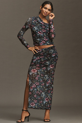 By Anthropologie Ruched Side-slit Maxi Skirt In Multi