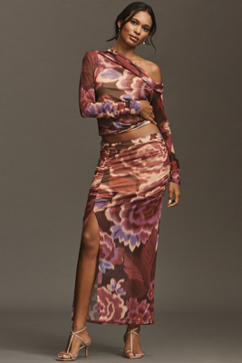 By Anthropologie Ruched Side-slit Maxi Skirt In Pink