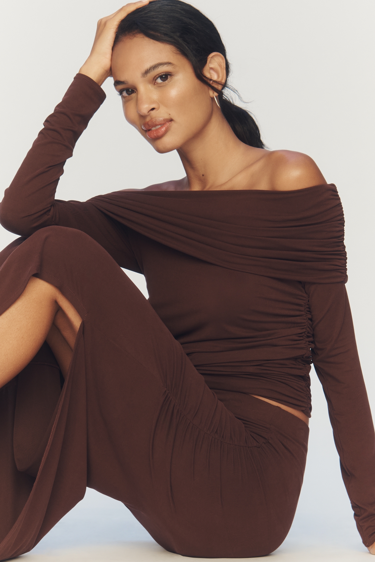 Maeve Ruched Jersey Column Maxi Skirt