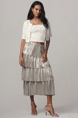 By Anthropologie Metallic Plisse Tiered Midi Skirt In Gray
