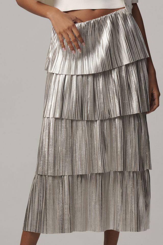 By Anthropologie Metallic Plissé Tiered Midi Skirt #1