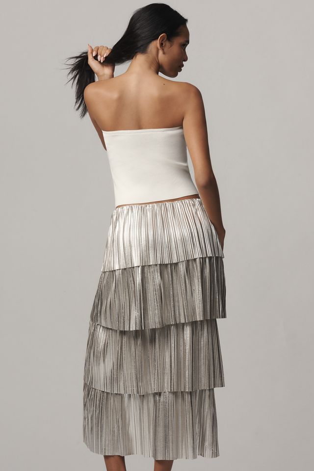 By Anthropologie Metallic Plissé Tiered Midi Skirt #2