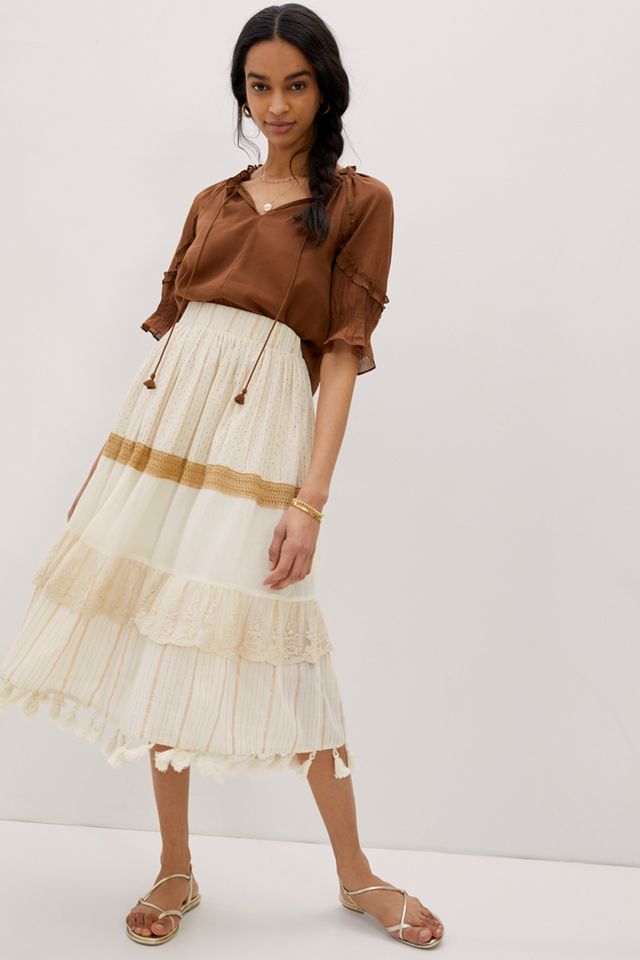 Raffaella Tasseled Midi Skirt | Anthropologie