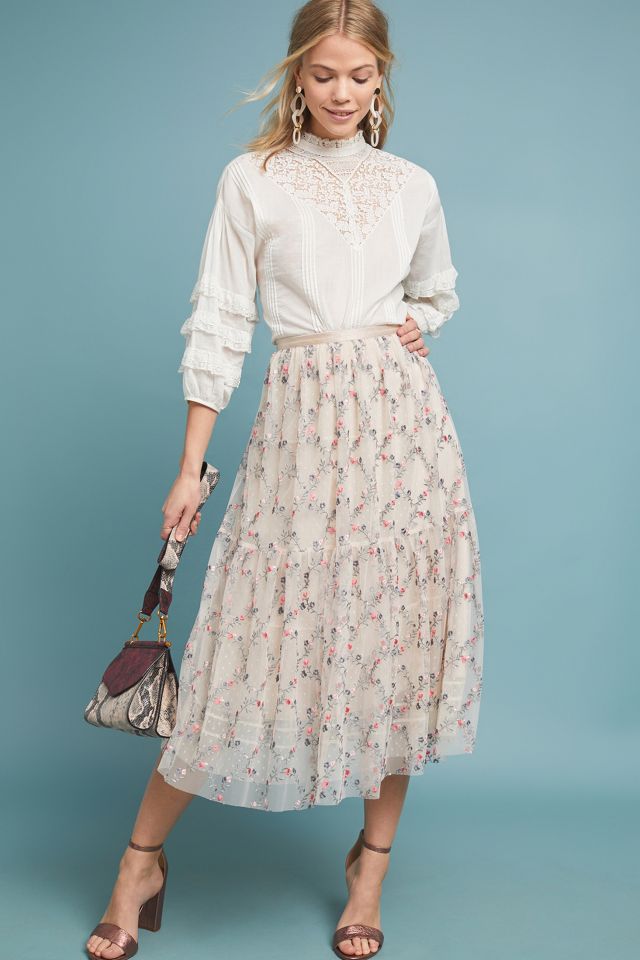 Cherie Embroidered Tulle Skirt | Anthropologie