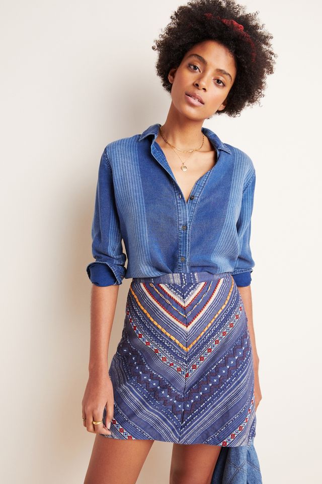 Embroidered denim skirt on sale anthropologie