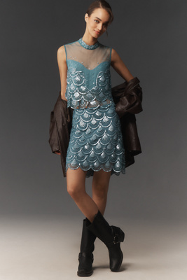 Maeve Beaded Scallop Sequin Knee-length Skirt In Blue