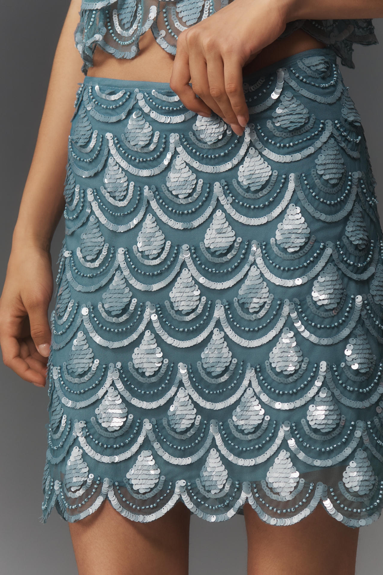 Maeve Beaded Scallop Sequin Knee-Length Skirt