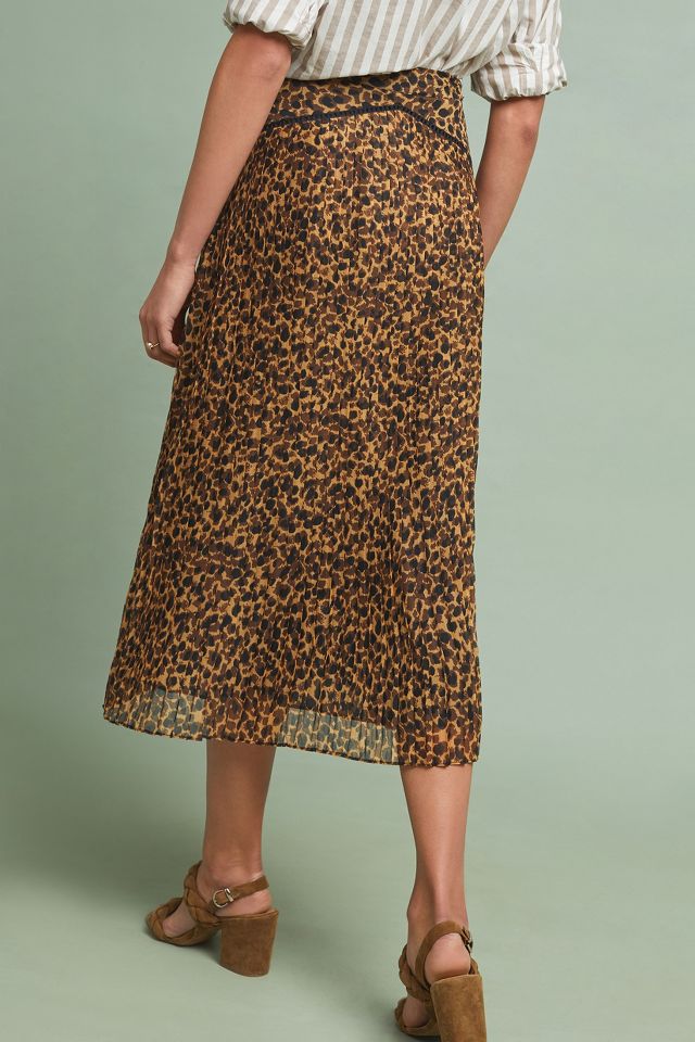 Pleated Leopard Midi Skirt