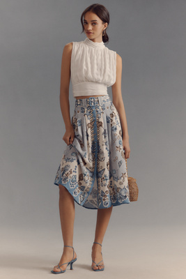 Shop Ranna Gill Linen Blend Belted Seashell Midi Skirt In Blue