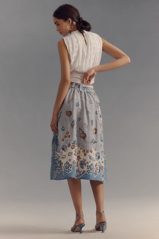 Ranna Gill Linen Blend Belted Seashell Midi Skirt