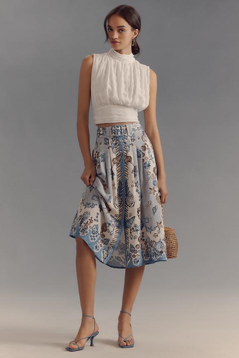 Ranna Gill Linen Blend Belted Seashell Midi Skirt