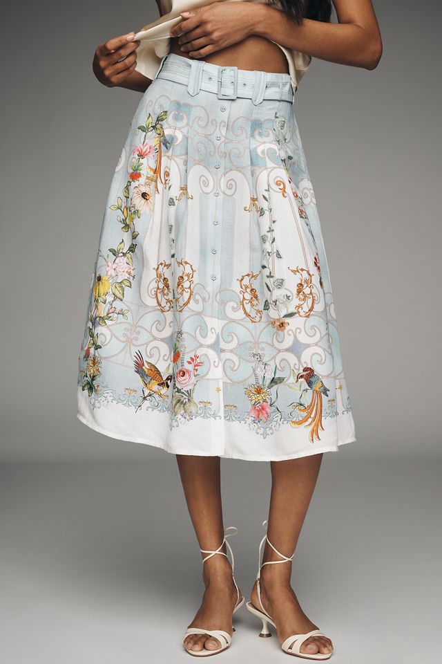 Ranna Gill Linen Blend Belted Seashell Midi Skirt #2