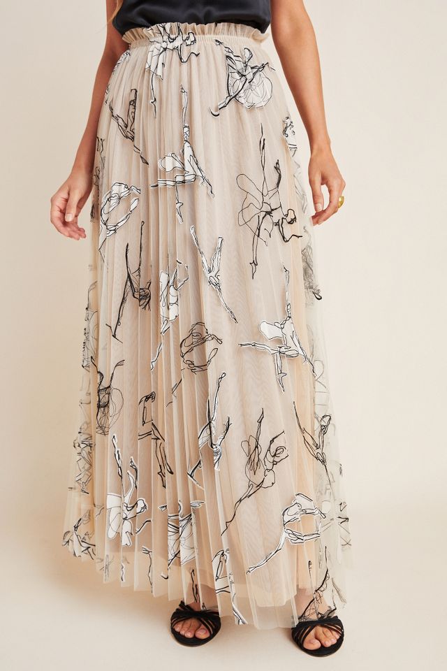 Pleated Tulle Embroidered Maxi Skirt