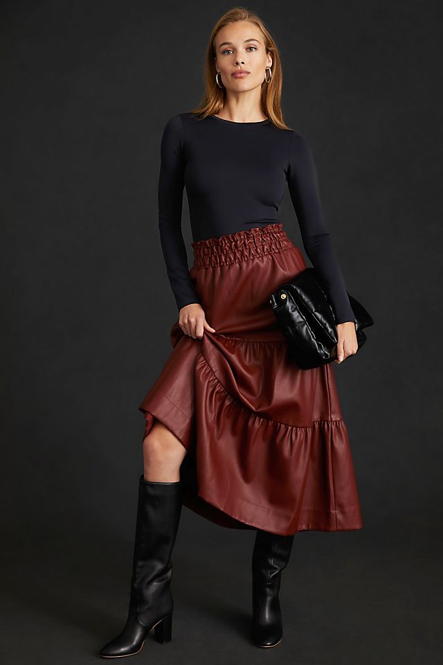 The Somerset Faux Leather Midi Skirt | Anthropologie