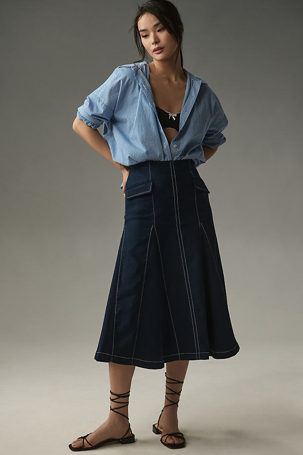 Maeve Seamed A-line Midi Skirt In Blue