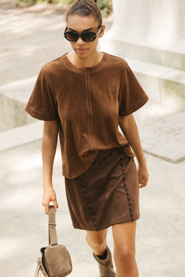 Maeve Faux-suede Whipstitch A-line Mini Skirt In Brown