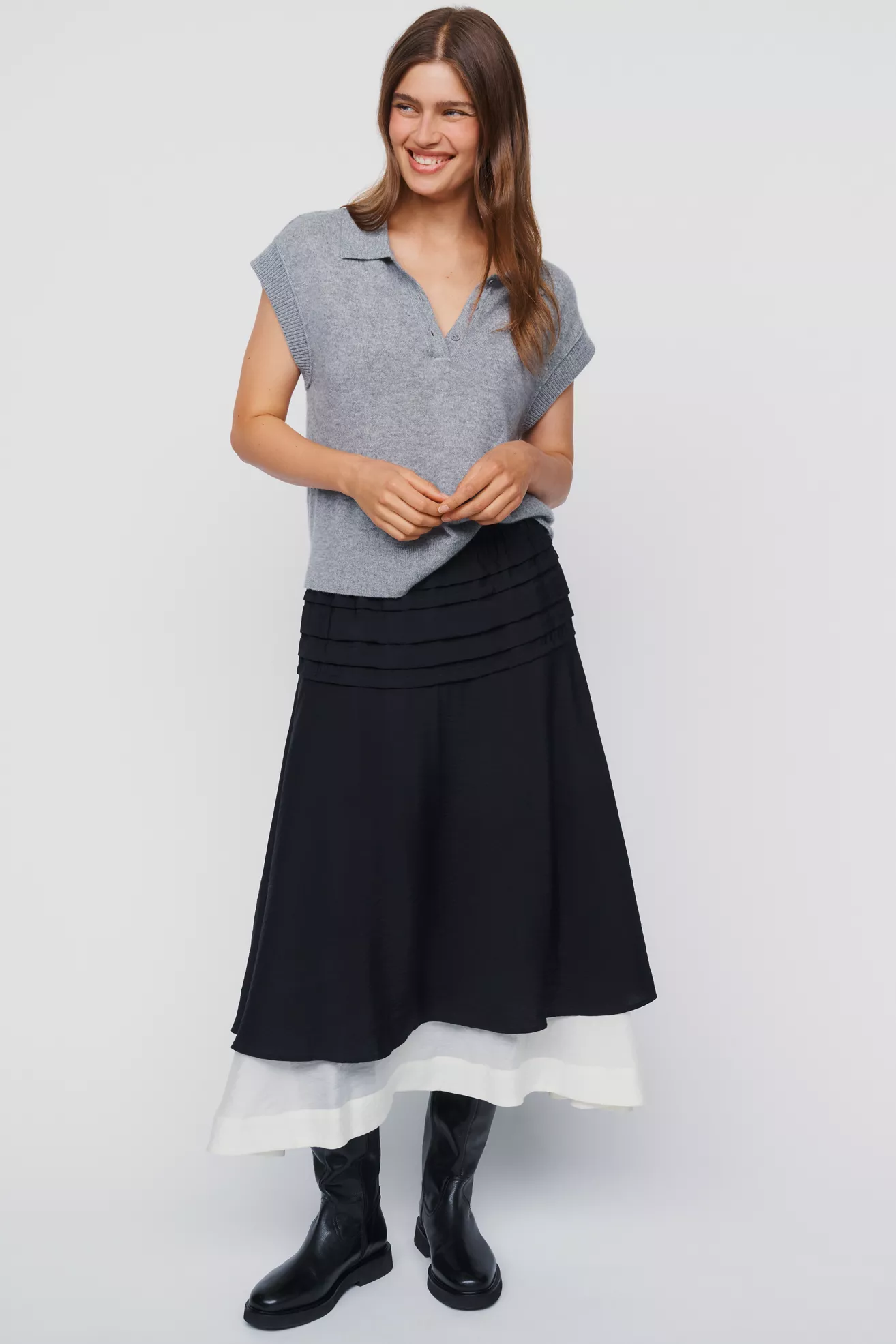Maeve Layered Ruched Midi Skirt