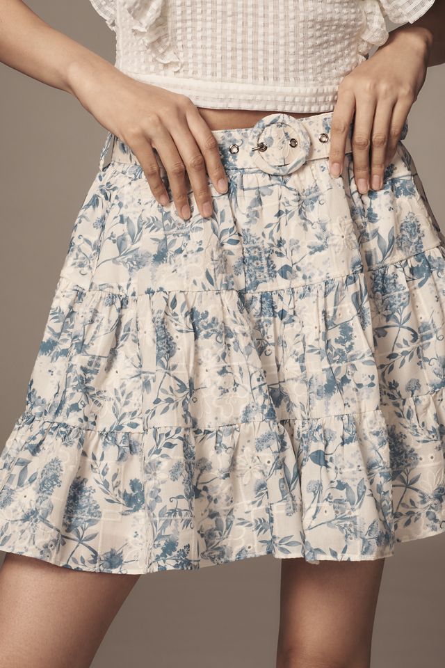 English Factory Belted Floral Tiered Mini Skirt | Anthropologie