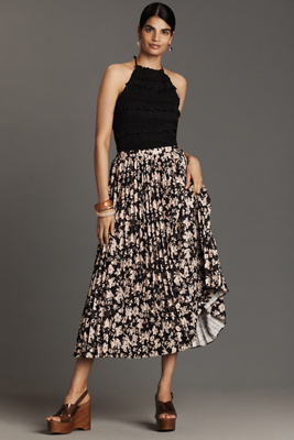 English Factory Floral Print Pleated Midi Skirt In Black
