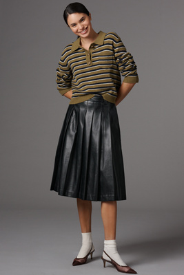 English Factory Faux-leather Pleated Midi Skirt In Black