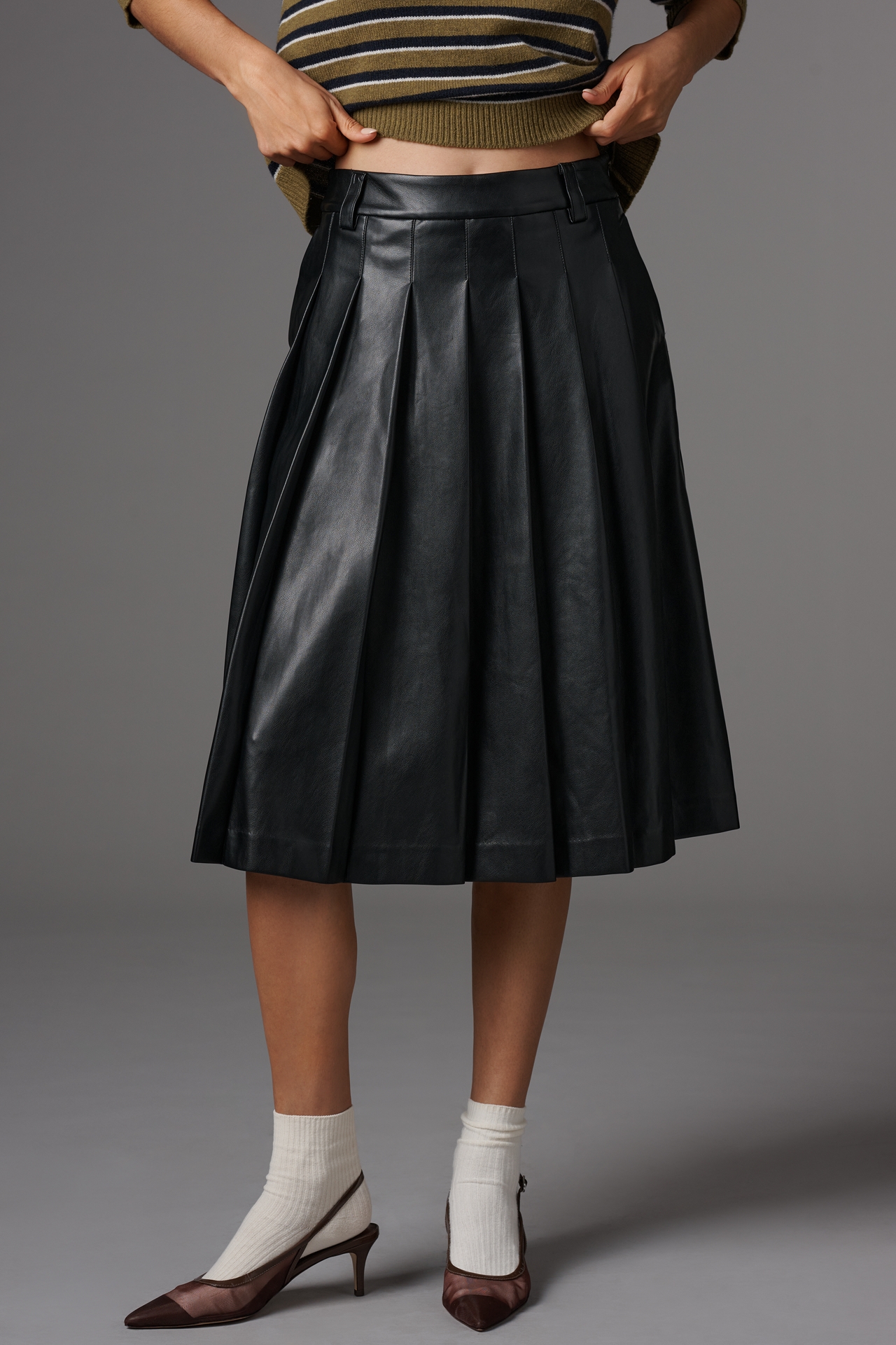English Factory Faux-Leather Pleated Midi Skirt