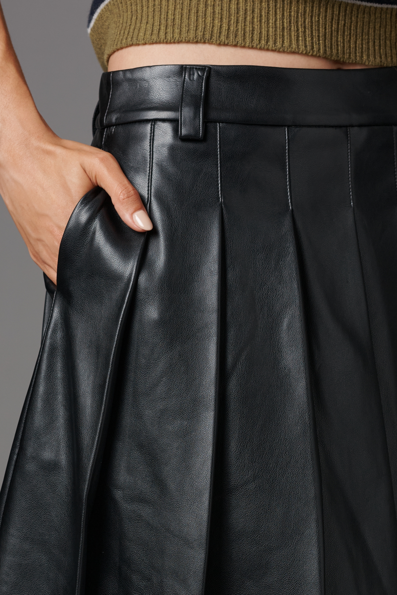 English Factory Faux-Leather Pleated Midi Skirt