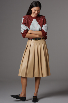 English Factory Faux-leather Pleated Midi Skirt In Neutral