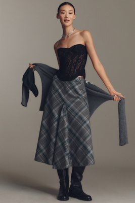 English Factory Plaid A-line Midi Skirt In Gray