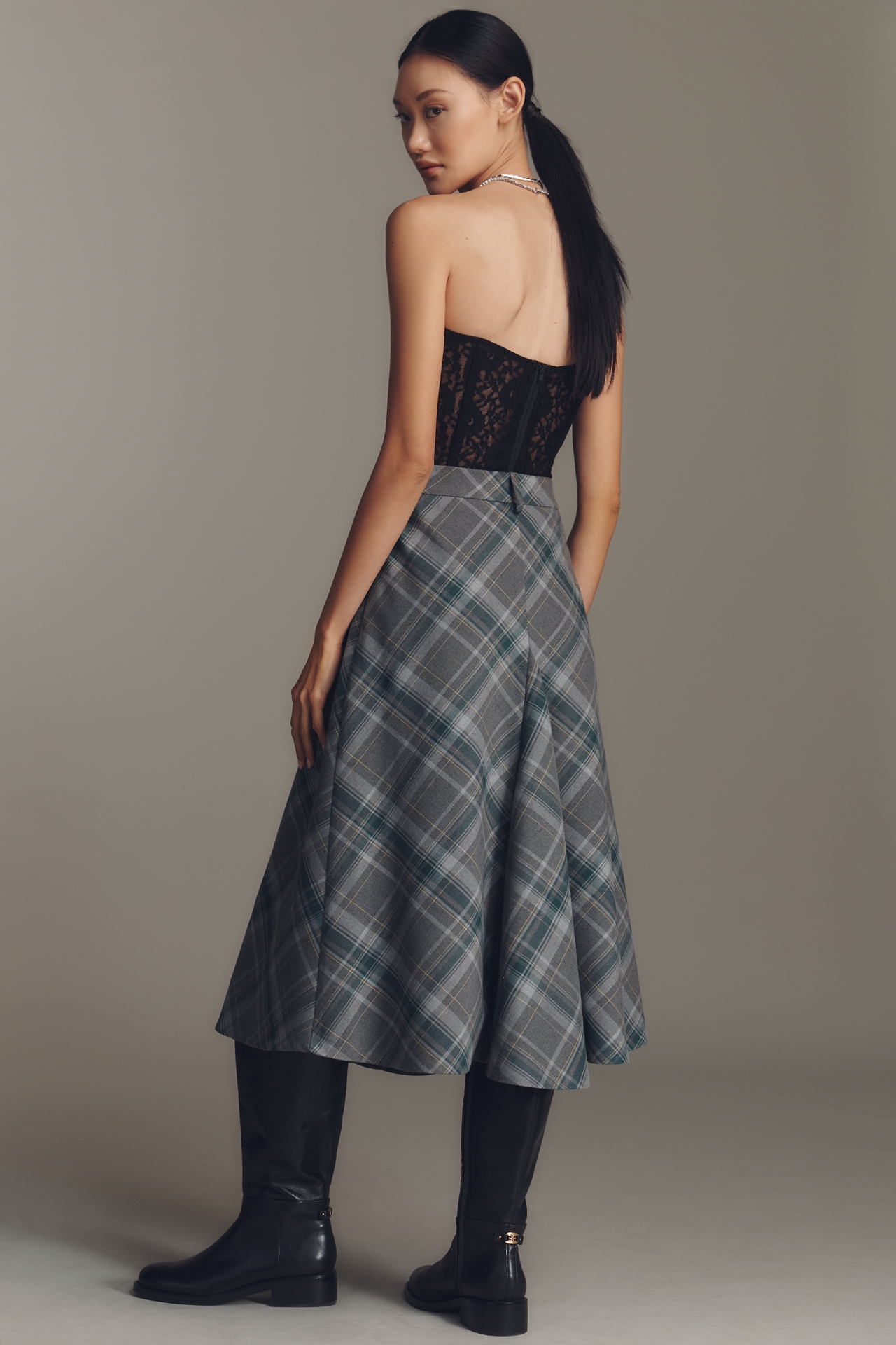English Factory Plaid A-Line Midi Skirt