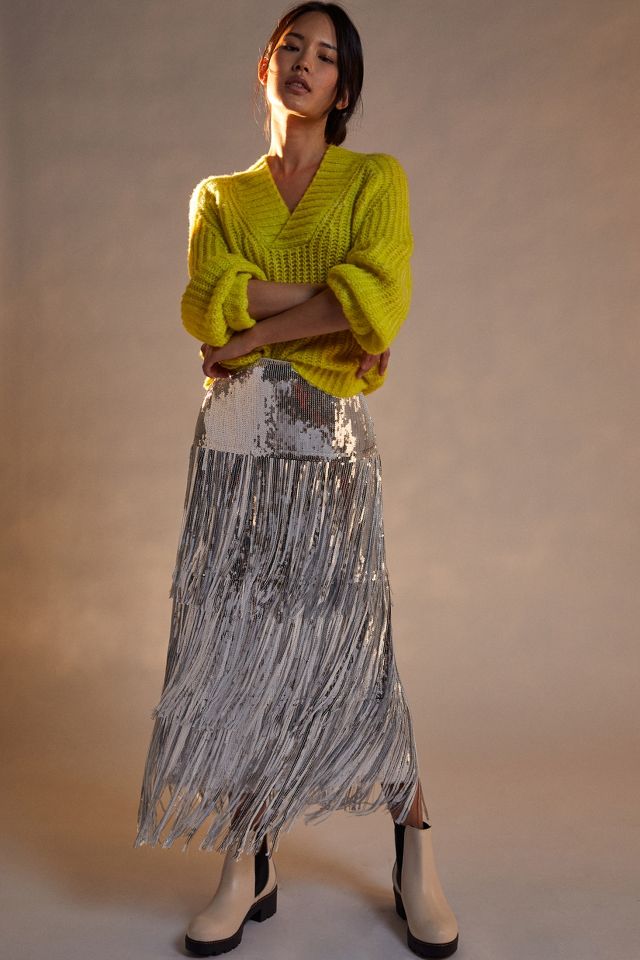 Maeve Tatiana Sequined Fringe Midi Skirt