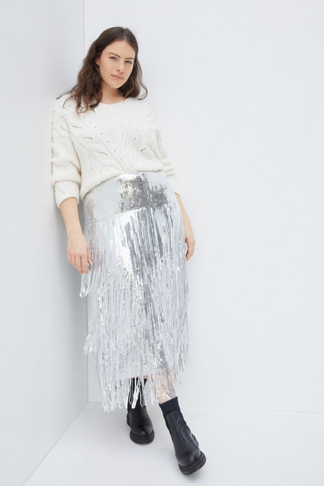 Maeve Tatiana Sequined Fringe Midi Skirt #7