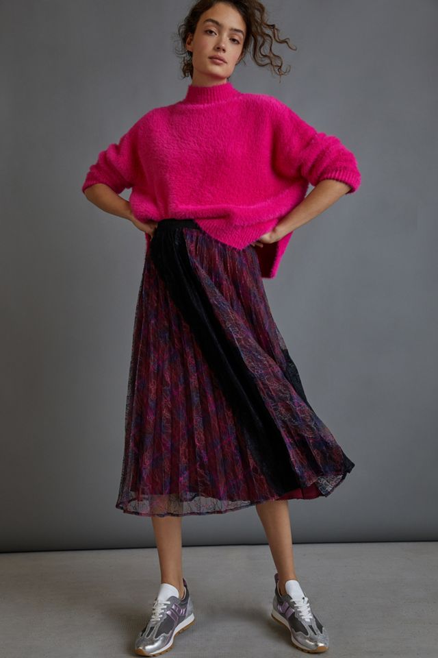 Jupe Plissée Modcloth - Taille 10 - Fuchsia Profond Avec Dentelle Noire - Neuf Avec étiquettes