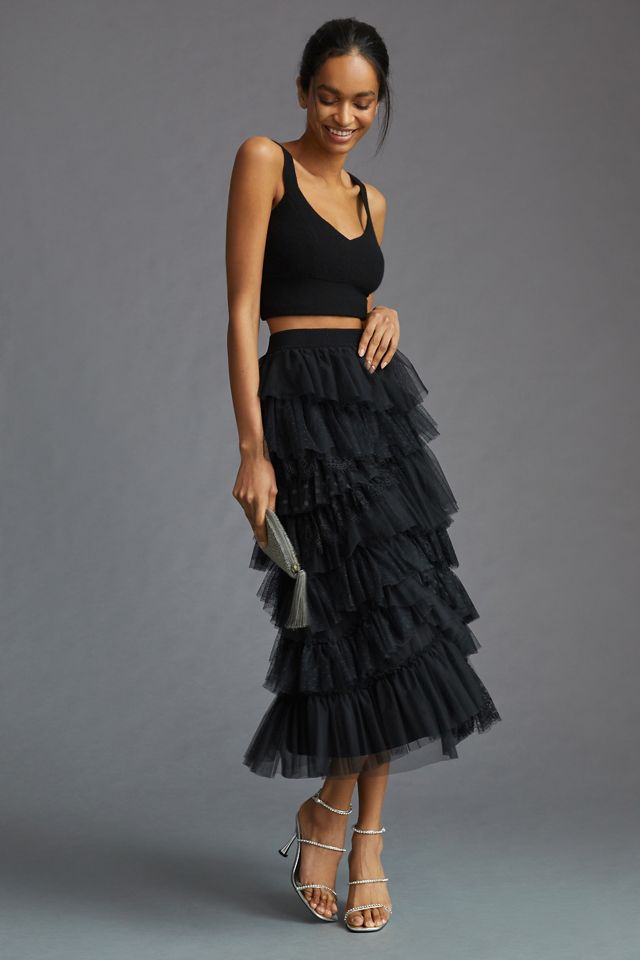 By Anthropologie Ruffled Tulle Midi Skirt | Anthropologie
