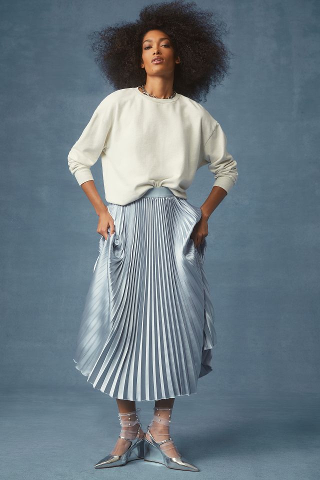 White pleated outlet midi skirt outfit