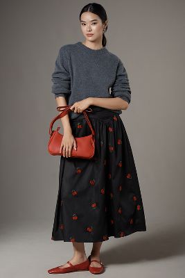 Shop Avec Les Filles Cherry Appliqué Full Midi Skirt In Multicolor