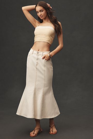 Avec Les Filles Paneled Flare Denim Midi Skirt