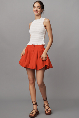 Avec Les Filles Linen Blend Button-front Bubble Mini Skirt In Red