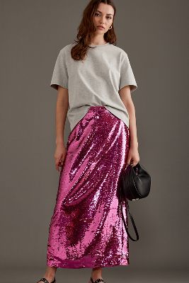 Selected Femme Omina High-waisted Sequin Midi Skirt In Pink