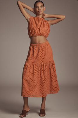 Astr Nalley Eyelet Midi Skirt In Brown