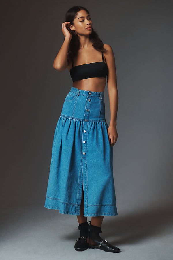 Moon River Basque-waist Denim Midi Skirt In Blue