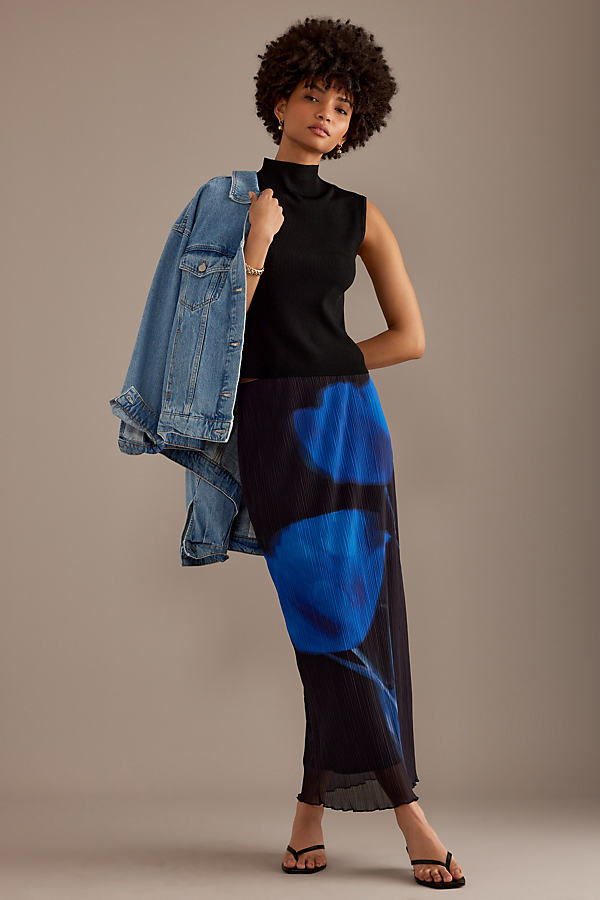 By Anthropologie Blue Tulip Print Maxi Slip Skirt