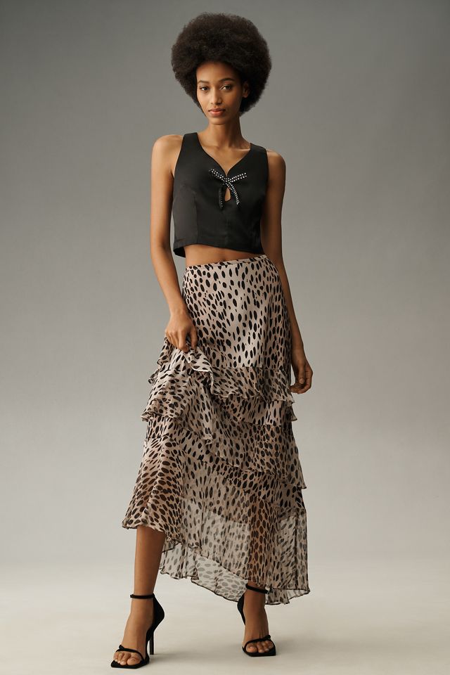 RIXO Leopard Preslee Silk Ruffled Midi Skirt | Anthropologie